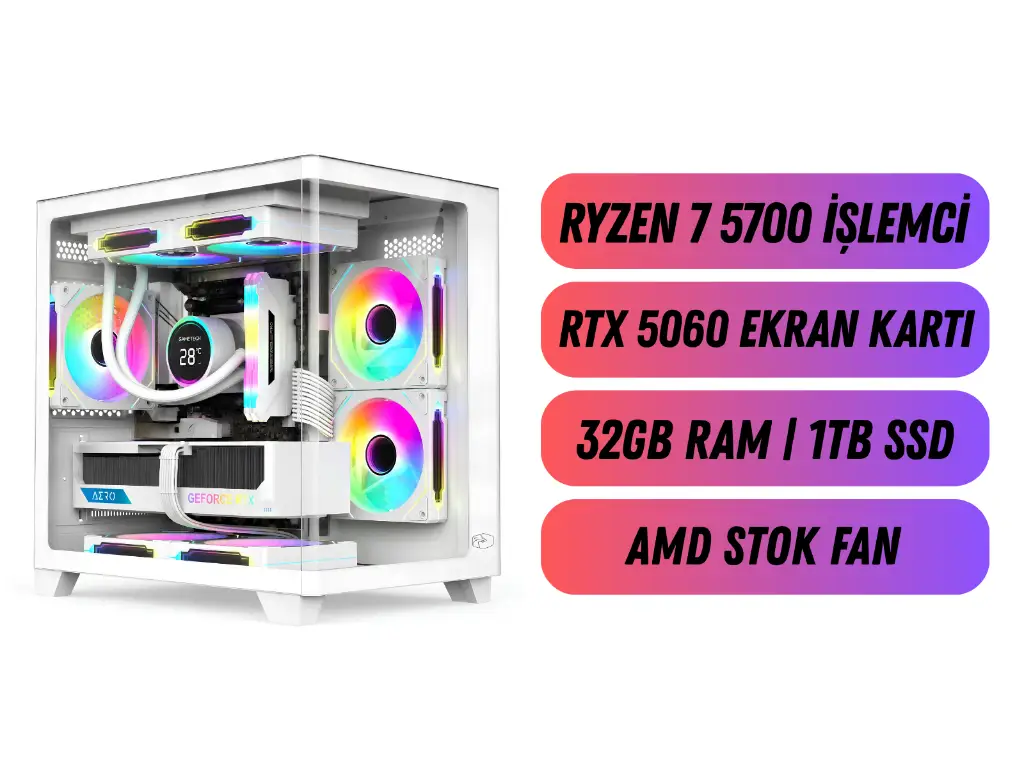 Ryzen 7 5700 İşlemci 32GB Ram 1TB SSD RTX 5060 Ekran Kartı | Masaüstü Oyuncu Bilgisayarı | MF-46