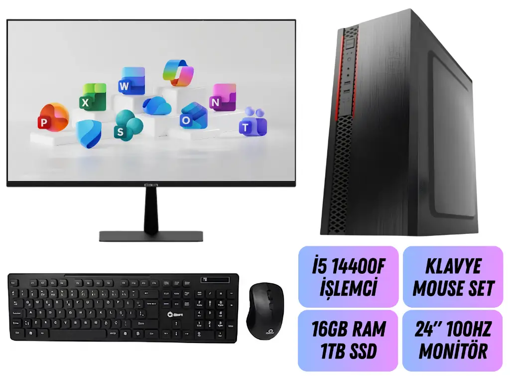 İntel i5 14400F - 16GB Ram - 480GB SSD - 4GB Ekran Kartı | 24'' 100Hz Monitörlü | Ofis Full Set | OF-2