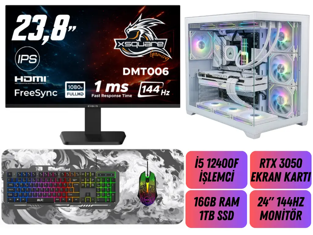 i5 12400F İşlemci 16GB Ram 480GB SSD RTX 3050 Ekran Kartı | 24'' 144Hz Monitörlü Masaüstü Oyuncu Bilgisayarı | MF-45