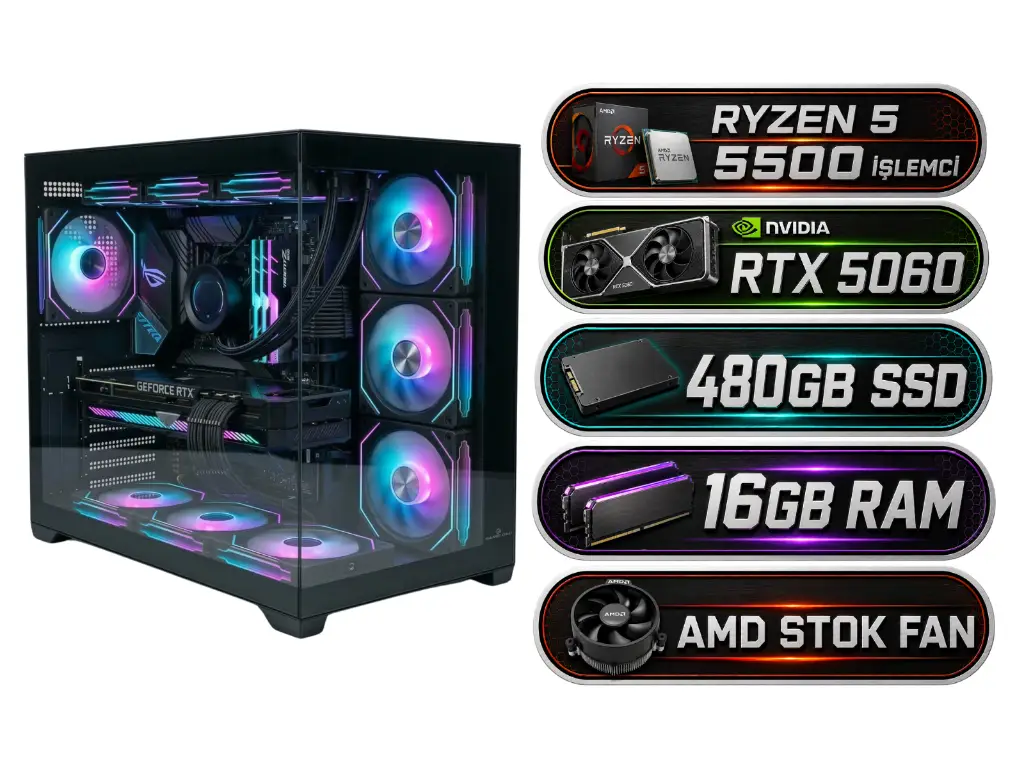 R5-5500 16GB Ram 480GB SSD RTX 5060 Ekran Kartlı Masaüstü Oyuncu Bilgisayarı | MF-44