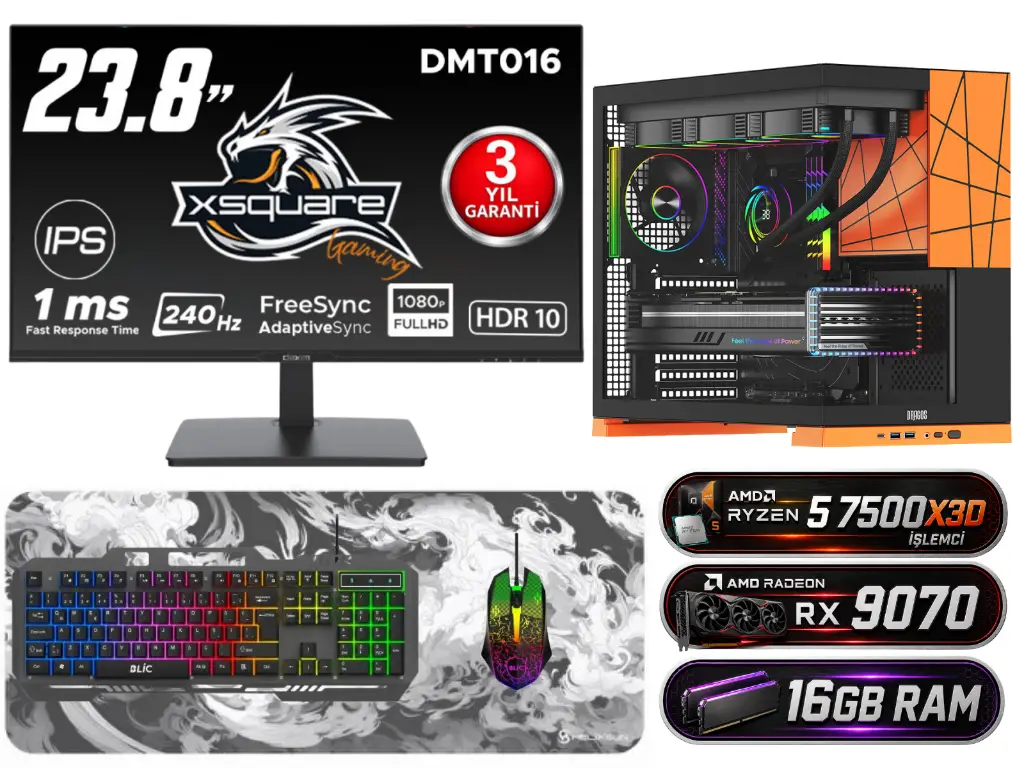 R5 7500X3D | RX 9070 | 16GB Ram | 1TB M2 | 24'' 240Hz Monitörlü Masaüstü Oyuncu Bilgisayarı | MF-40