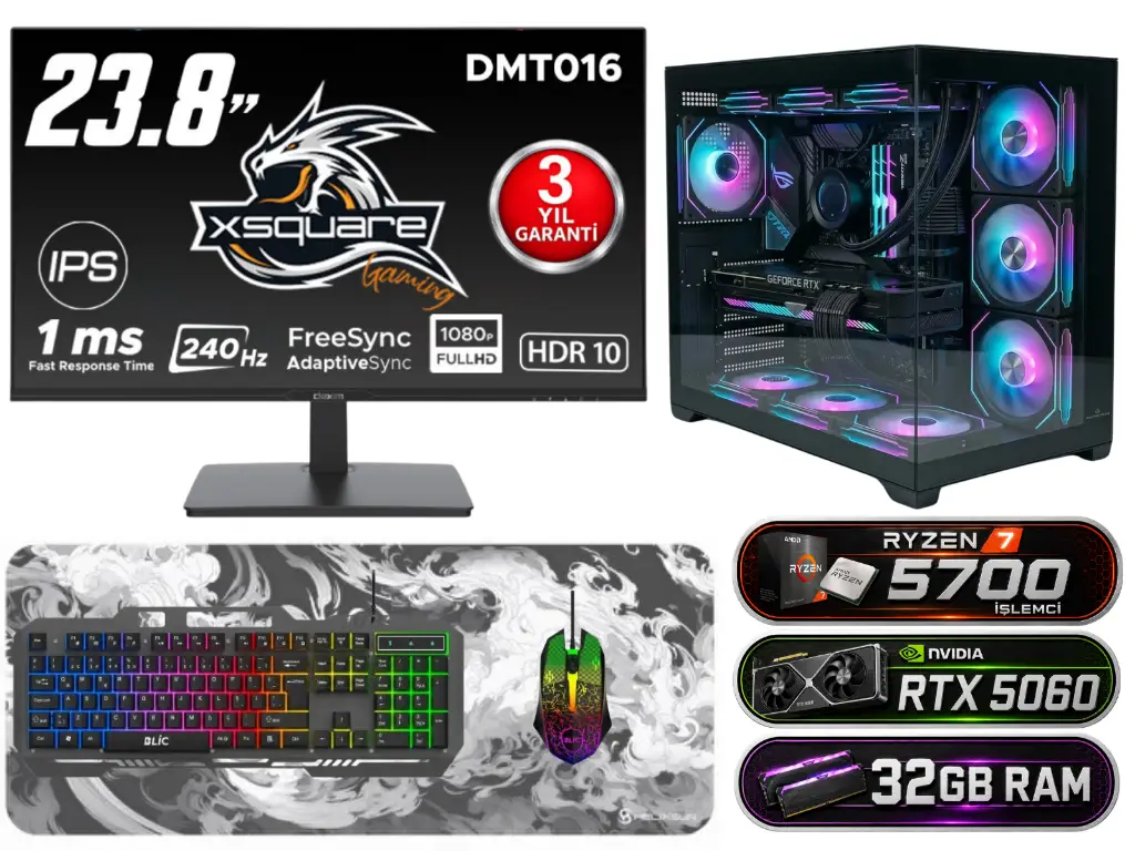 R7 5700 | RTX 5060 | 32GB Ram | 1TB SSD | 24'' 240Hz Monitörlü Masaüstü Oyuncu Bilgisayarı | MF-42