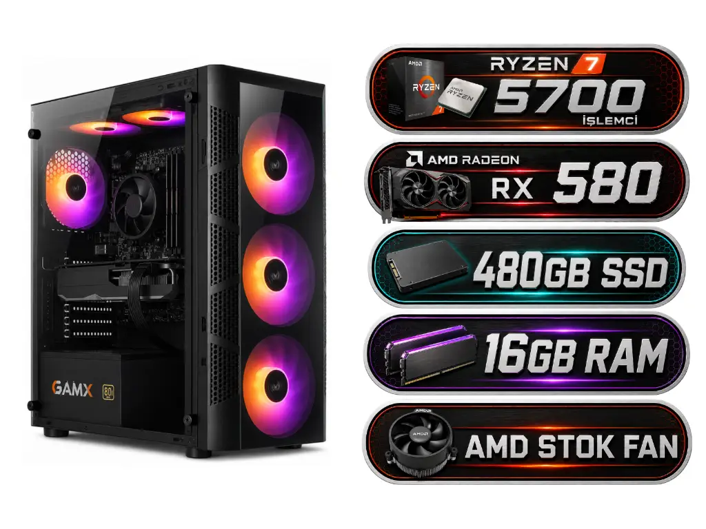 R7 5700 | Rx 580 | 16GB Ram | 480GB SSD | Masaüstü Oyuncu Bilgisayarı | MF-43