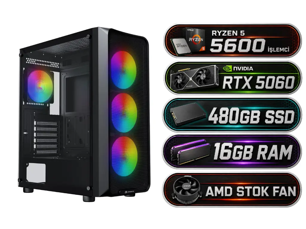 Ryzen 5 5600 | RTX 5060 | 16GB Ram | 480GB SSD | Masaüstü Oyuncu Bilgisayarı | MF-38