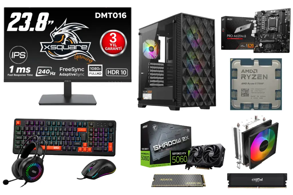 RMT-452 | Ryzen 5 7500F İşlemci | 16GB DDR5 Ram | 500GB M2 NVM.e SSD | RTX 5060 Ekran Kartı | 24'' 240Hz Monitörlü Masaüstü Oyuncu Bilgisayarı