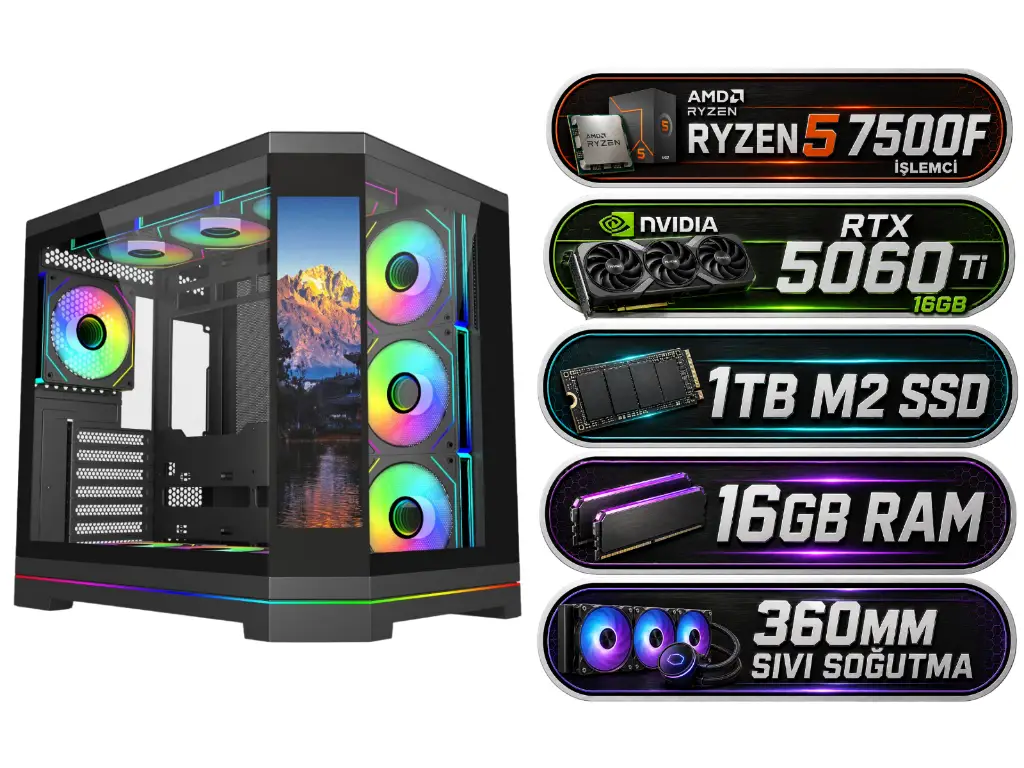 Ryzen 5 7500F | RTX 5060Ti 16G | 16GB Ram | 1TB M2 | LCD Ekranlı Kasa | MF-37