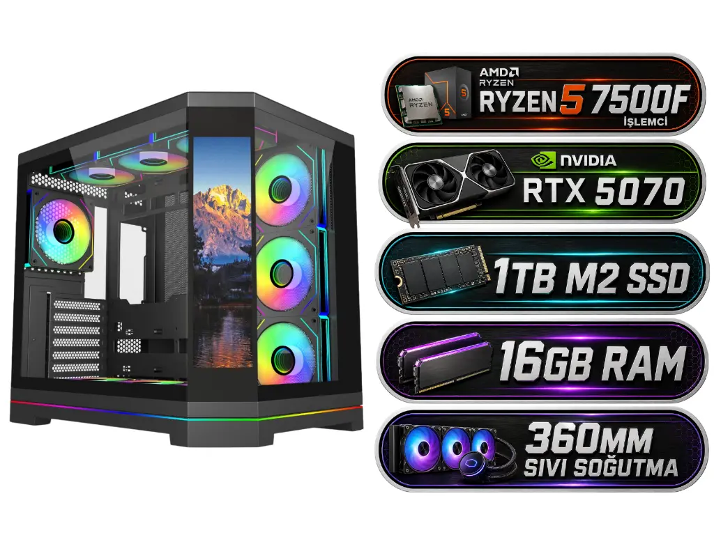 Ryzen 5 7500F | RTX 5070 | 16GB Ram | 1TB M2 | 360mm Sıvı Soğutma | LCD Ekranlı 7 Fanlı Kasa | MF-36