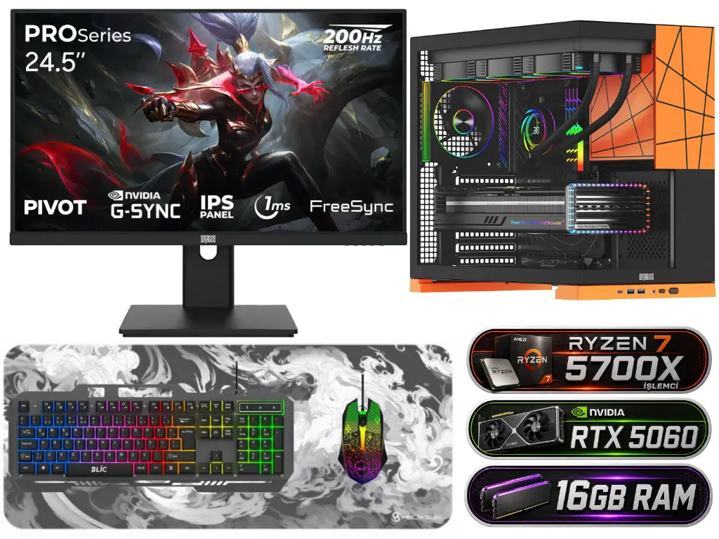 Ryzen 7 5700x | RTX 5060 | 16GB Ram | 1TB M2 | 24'' 200Hz Monitörlü Full Set | MF-35