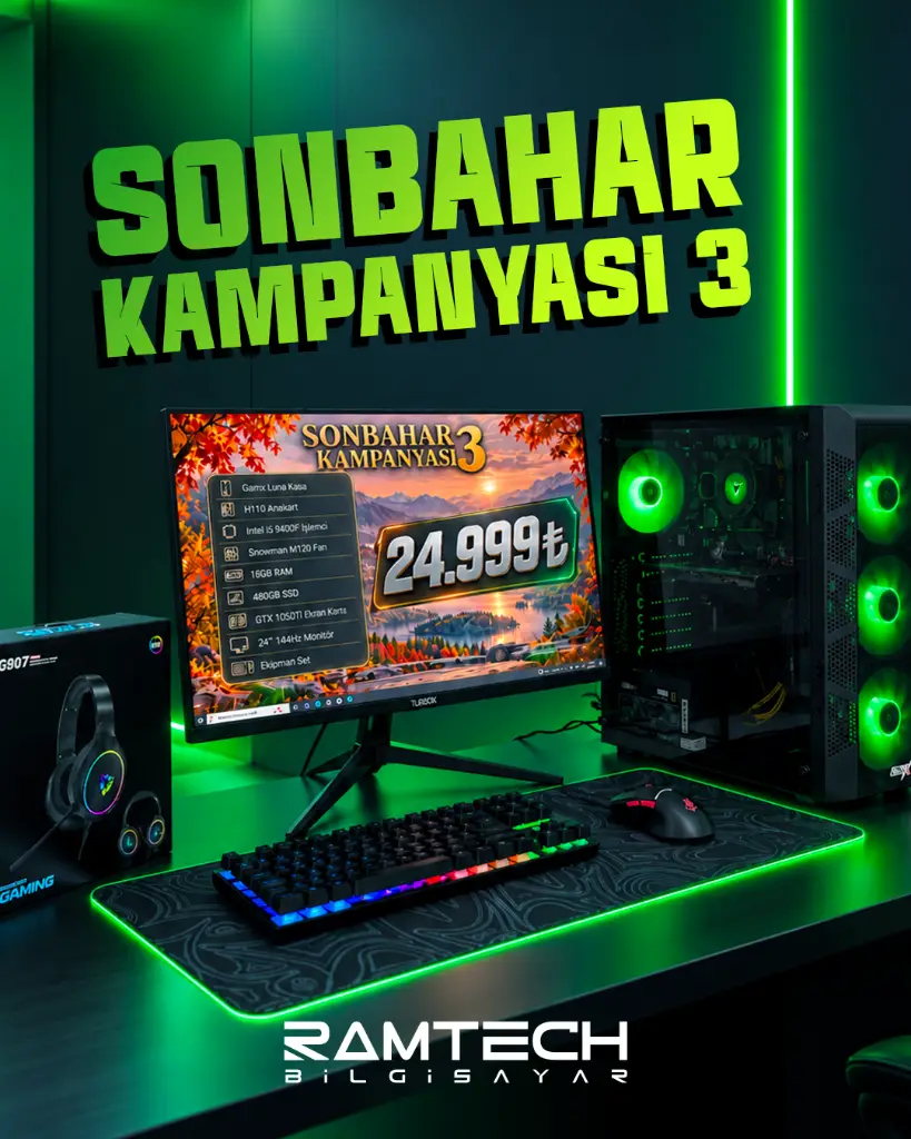 Sonbahar Kampanyası - 3 | i5 9400F İşlemci 16GB Ram 480GB SSD GTX 1050Ti Ekran Kartı 24'' 100Hz Monitörlü Full Set