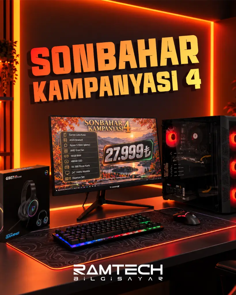 Sonbahar Kampanyası - 4 | Ryzen 5 5500 İşlemci 16GB Ram 480GB Rx 580 Ekran Kartı 24'' 144Hz Monitörlü Full Set