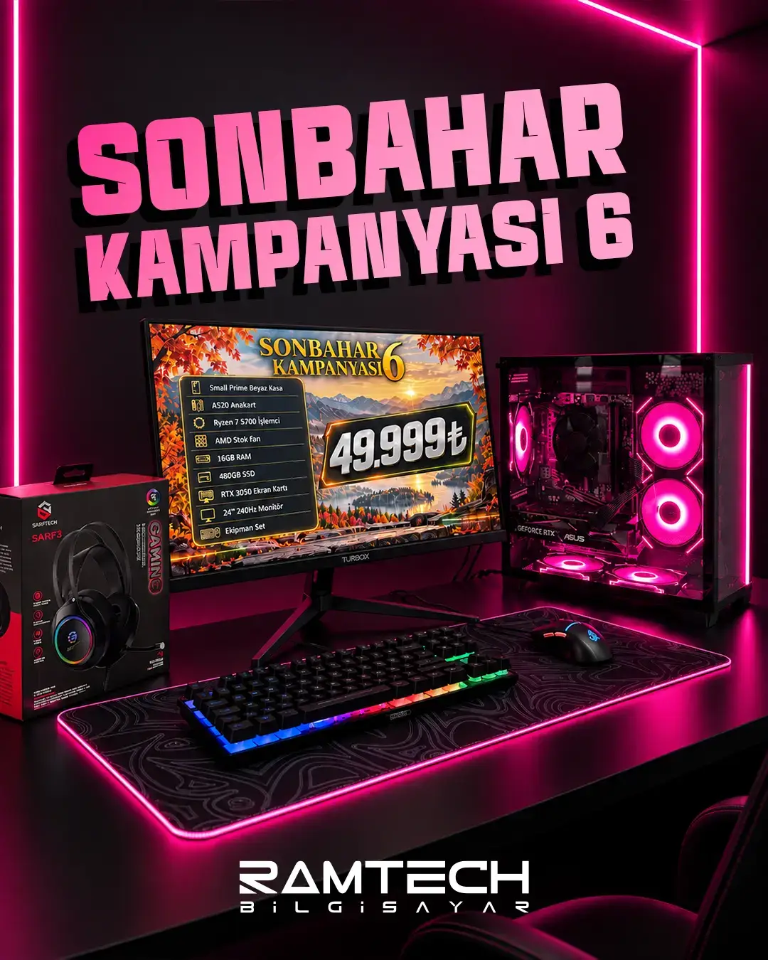 Sonbahar Kampanyası - 6 | Ryzen 7 5700 İşlemci 16GB Ram 480GB SSD RTX 5060 Ekran Kartı 24'' 240Hz Monitörlü Full Set