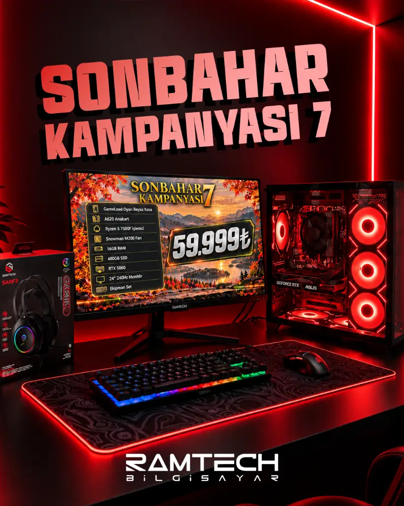 Sonbahar Kampanyası - 7 | Ryzen 5 7500F İşlemci 16GB Ram 480GB SSD RTX 5060 Ekran Kartı 24'' 240Hz Monitörlü Full Set